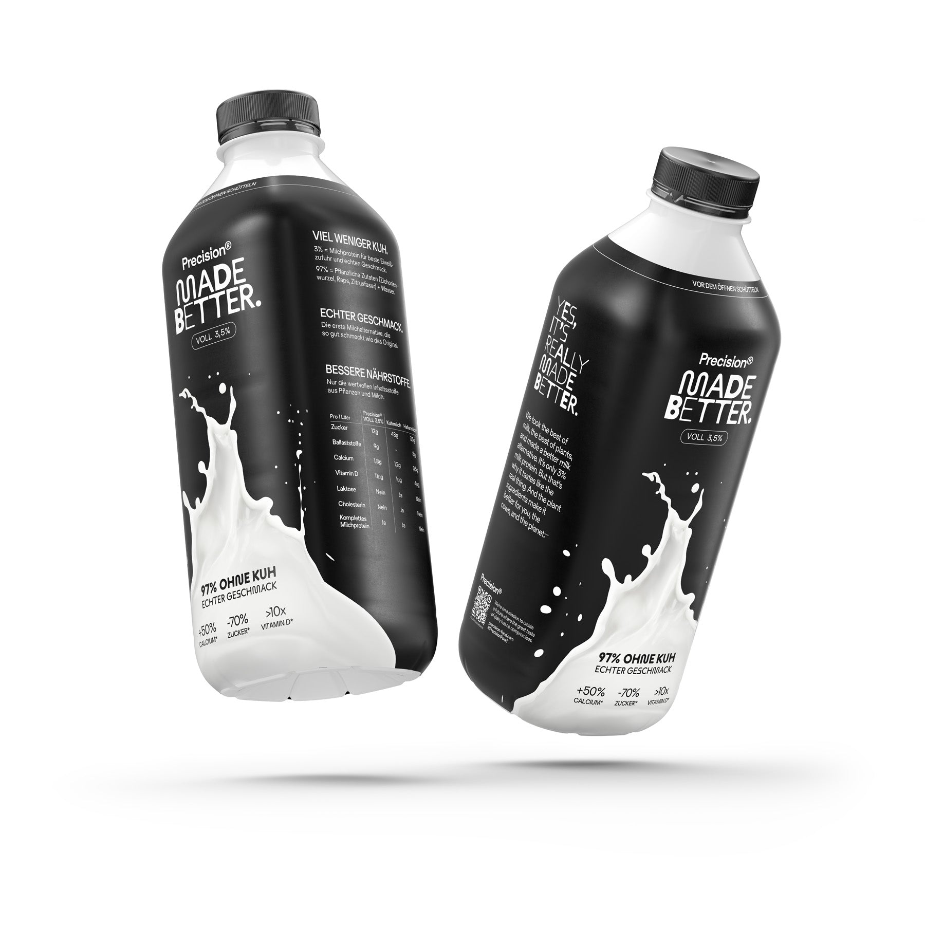Zwei schwarze Milchflaschen mit weißem Text, der Informationen und ein Milchspritzmotiv zeigt, vor weißem Hintergrund.