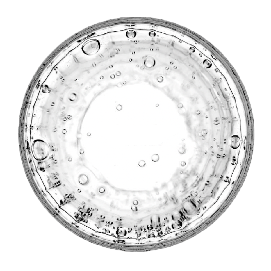 Runder Glasbehälter mit transparent gehaltener Flüssigkeit und verteilten Luftblasen, aus der Vogelperspektive betrachtet.